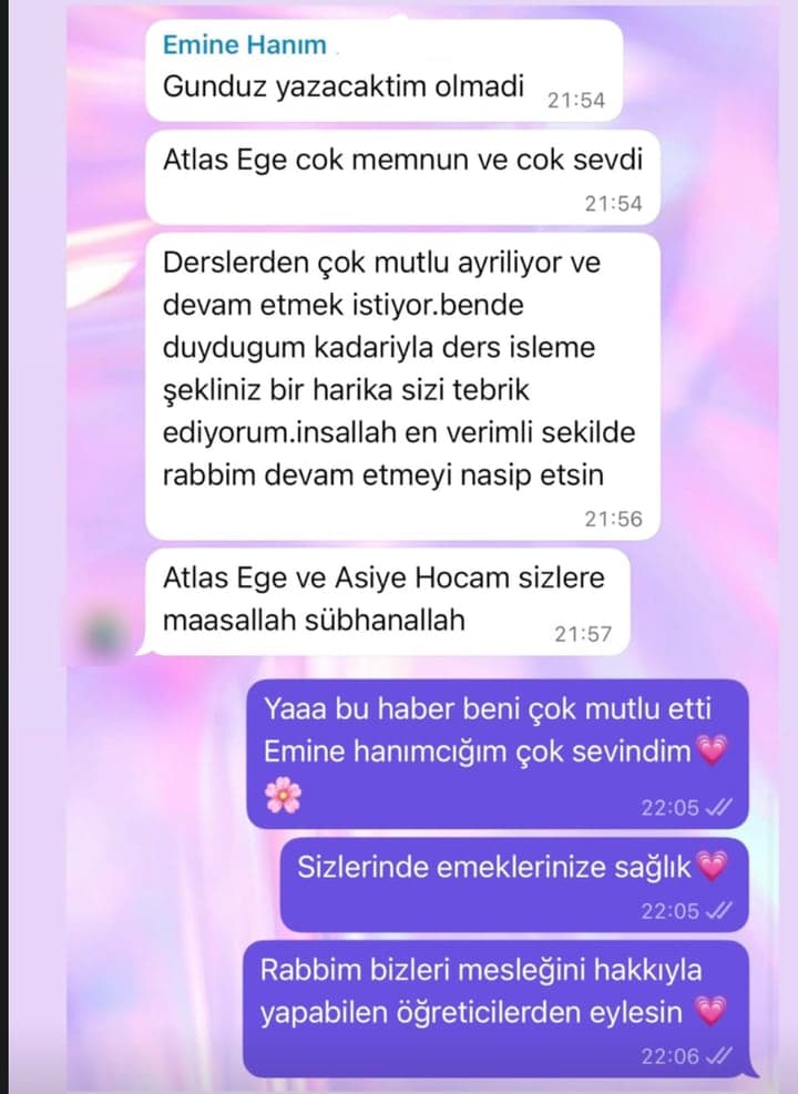 Emine Hanım · Atlas Ege'nin annesi: “Atlas Ege çok memnun ve çok sevdi. Derslerden çok mutlu ayrılıyor ve devam etmek istiyor.”