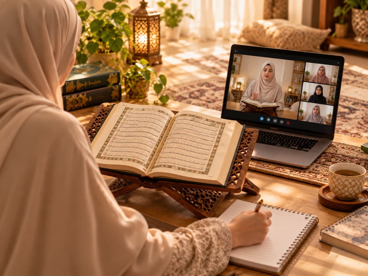 Dizüstü bilgisayardan online grup dersine katılan, Kur'an-ı Kerim okuyan öğrenci