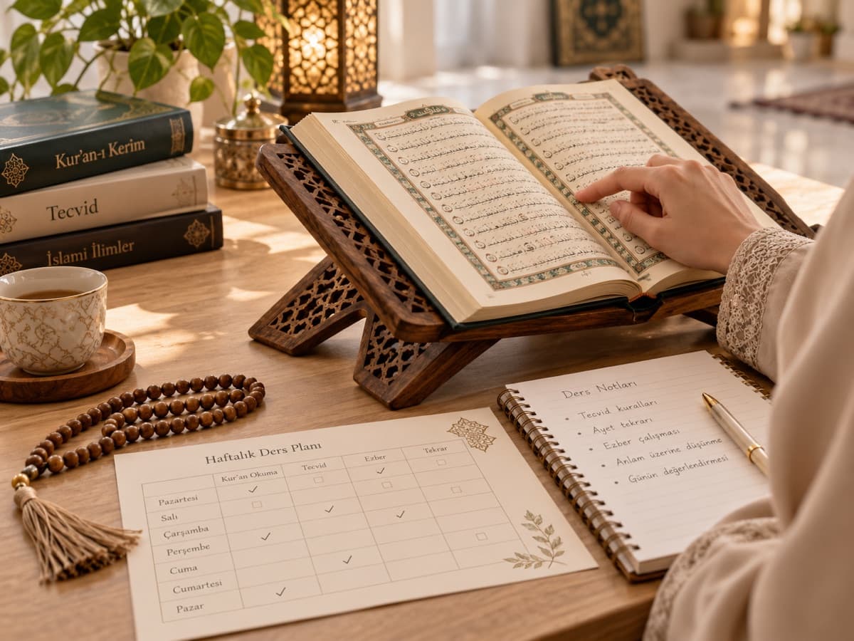 Rahle üzerinde açık Kur'an-ı Kerim, haftalık ders planı ve ders notları